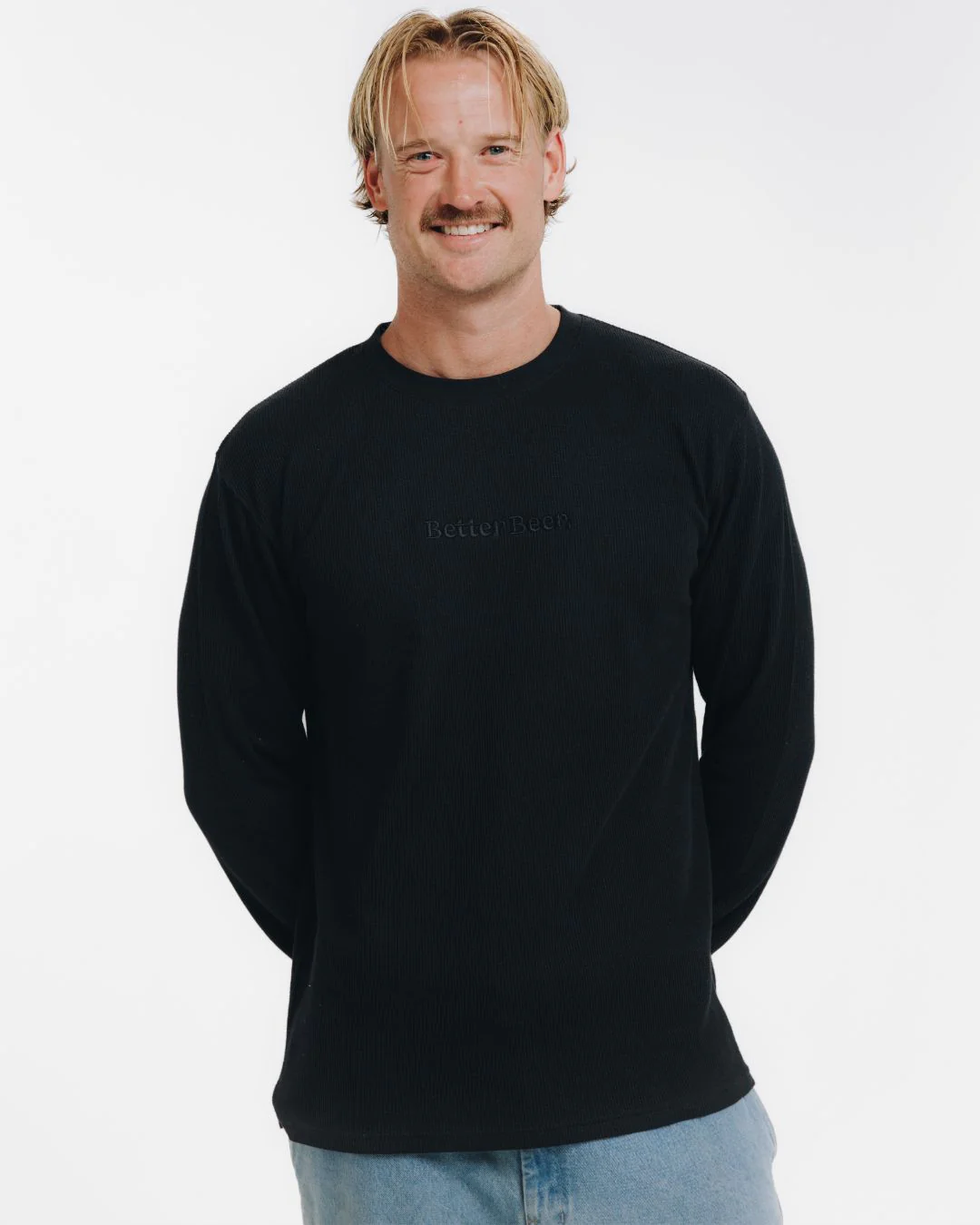 Embroidered Vintage Black Waffle Long Sleeve